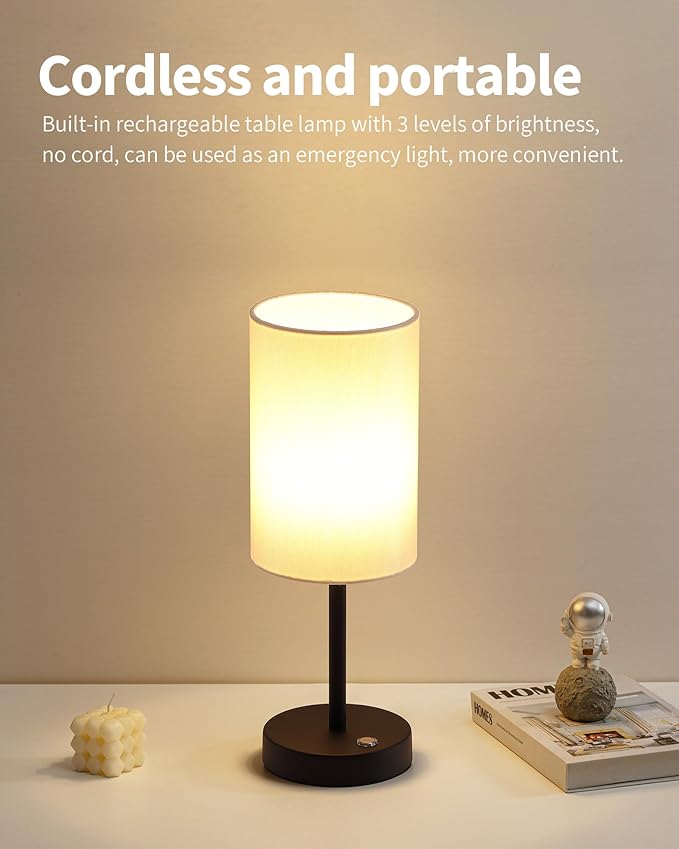 KDG Simple Cordless Table lamp, Portable Bedside 5000mAh LED Desk Lamp, 3 Brightness Levels Emergency Light, Linen Lampshade for Living Room, Bedroom, Dining Room, Night Light (Black)
