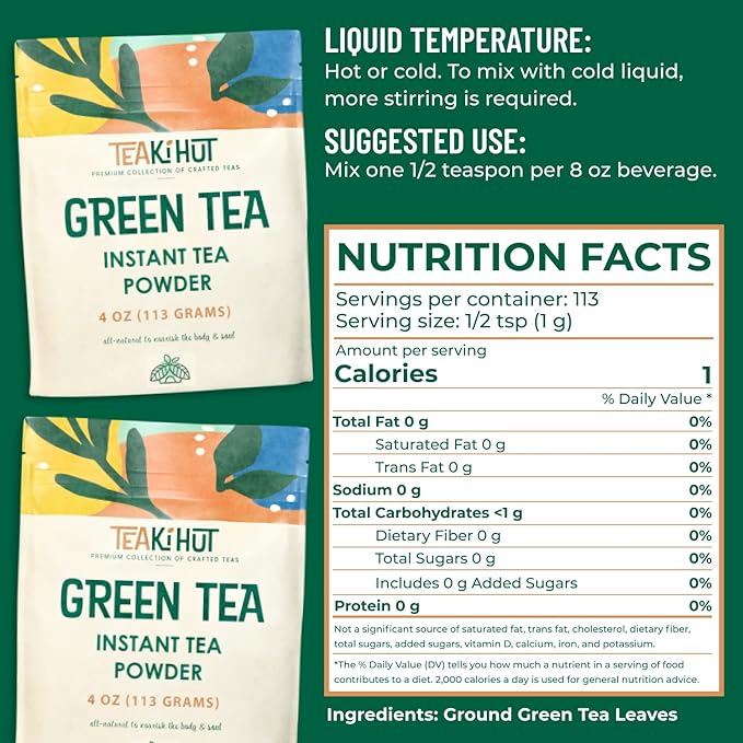 Instant Green Tea Powder 4 Ounce (200 Servings) 100 Percent Pure Tea No Fillers, Additives or Artificial Ingredients of Any Kind