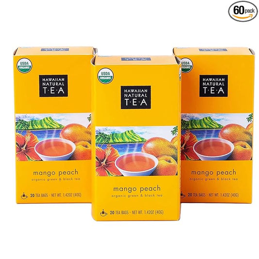 Hawaiian Natural Tea Mango Peach Flavored Organic Tea - Tropical Fruit Green and Black Tea Blend - Perfect Daily Cup & Gift for Special Occasions - 60 Tea Bags