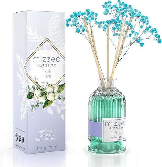 MIZZEO Reed Diffuser Set, Fresh Linen 6.76 fl oz Highly Scented Room Diffuser Home Fragrance Essential Oil Reed Flower Diffuser, House Bedroom Office Decor & Gifts