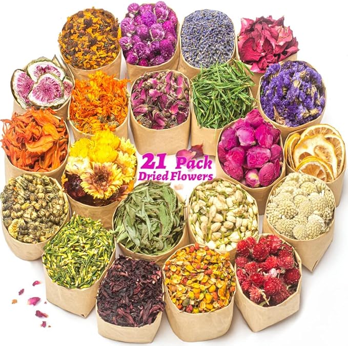 Dried Flowers, 21 Bags 100% Natural Dry Flower Herbs Kit for Soap, DIY Candle, Bath, Resin Jewelry Making Include Lavender, Don't Forget Me, Lily, Rose Petals, Jasmine and More