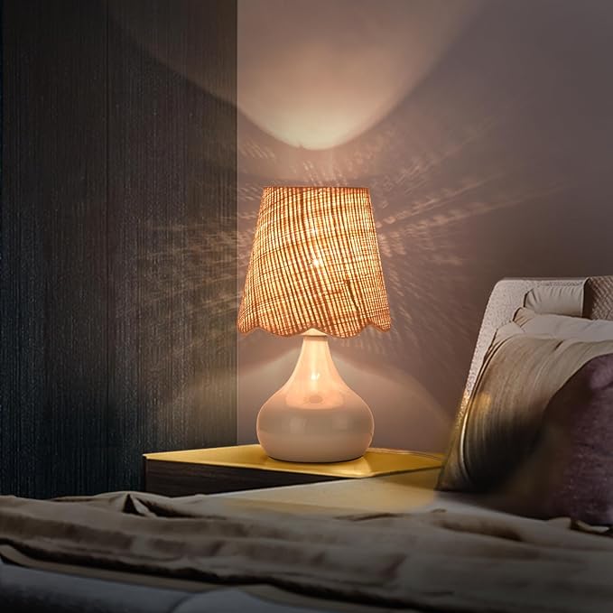 Light Blue Boho Small Table Lamp for Small Spaces, Small Rattan Shade Bedside Lamp for Bedroom, Cute Nightstand Light for Bedside, Kitchen Counter, Bookshelf Lamp, Home Office, Living Room, Dorm