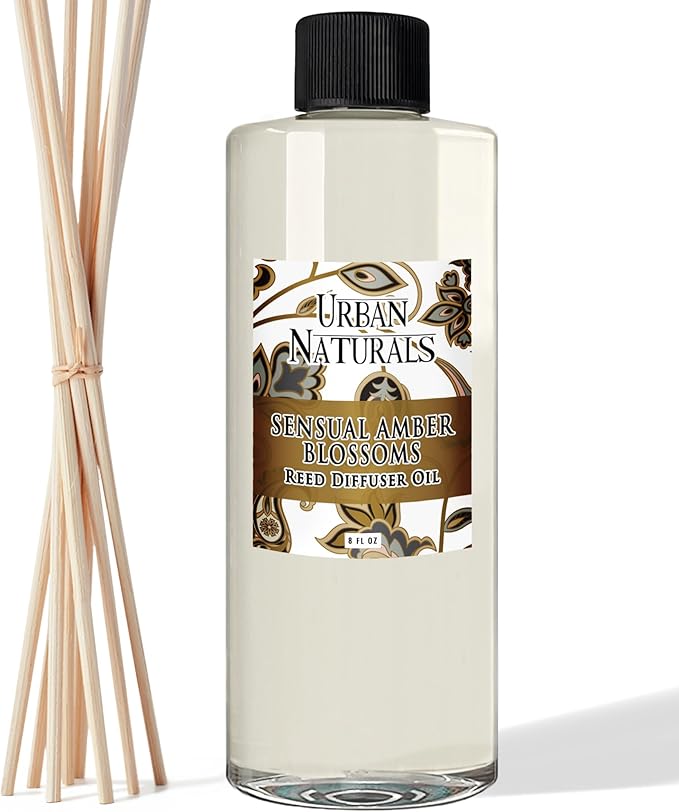 Urban Naturals Reed Diffuser Oil Refill Sensual Amber Blossoms with Jasmine, Freesia, Plum, Orange Blossom, Vanilla 8 oz + Free Reed Sticks, Made in The USA