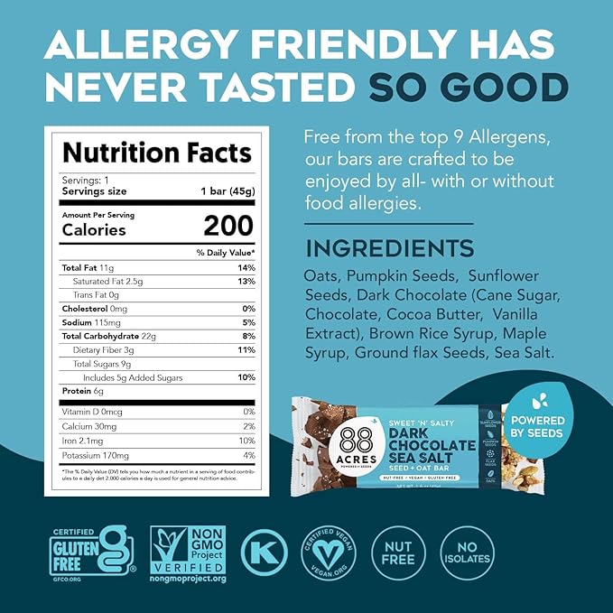88 Acres Granola Bars | Dark Chocolate Sea Salt | Gluten Free, Nut-Free Oat and Seed Snack Bar | Vegan & Non GMO | 12 Pack