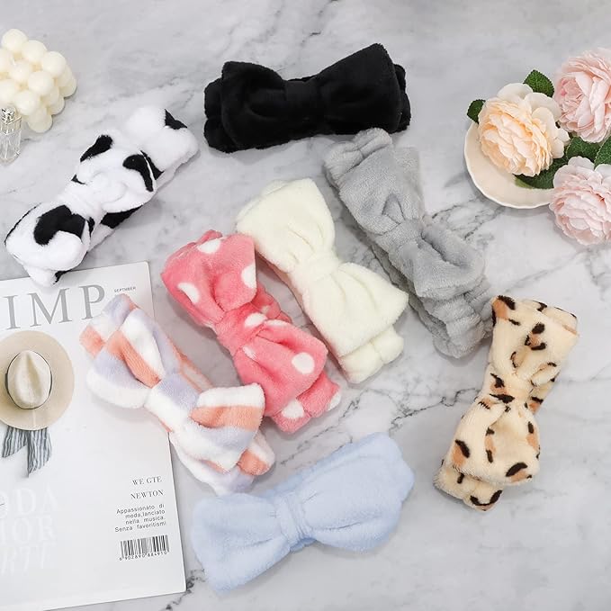 Ondder 8 Pack Spa Headbands for Face Washing - Fluffy Shower Cosmetic Face Wash Head Bands for Women & Girls - Leopard & Polka Dot Solid Color