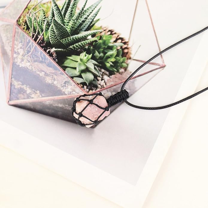 Handmade Natural Gemstone Crystal Pendant Necklace Stone Holder Necklace Cord Net Necklace with Adjustable Length for Women Men