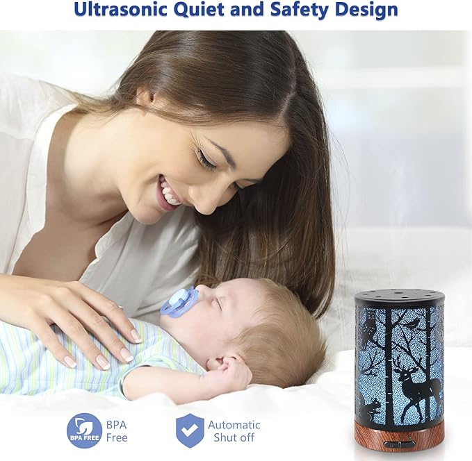 EQUSUPRO Essential Oil Diffuser 150ml Metal Aromatherapy Oil Diffuser Ultrasonic Cool Mist Diffuser with Auto Shut-Off Protection,7 Colors Changed LED for Home Office SPA Yoga (Deer)