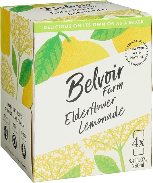 Belvoir Farms Sparkling Elderflower Flavored Lemonade | Delicious On It's Own Or As A Mixer | Product of The UK | 4 Cans, 8.4 fl oz (250mL)