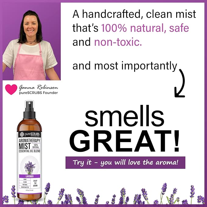 Shake, Mist & Enjoy - pureSCRUBS Premium Lavender Aromatherapy Spray Mist for Room, Body, Linens, Pillows 100% Natural Essential Oils Plant Based Formula, One 4oz Bottle
