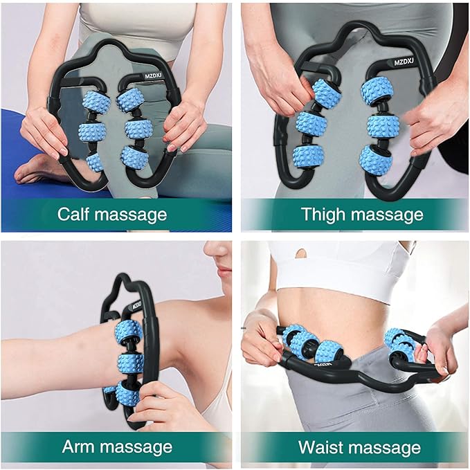 Cellulite Massage Tool Muscle Roller - Deep Fascia Massager & Dimpled Skin Remover for Legs, Thighs & Buttocks - Anti-Cellulite Roller, Smooth Skin, Pain Reliefs(Black Blue - 6 Wheel)