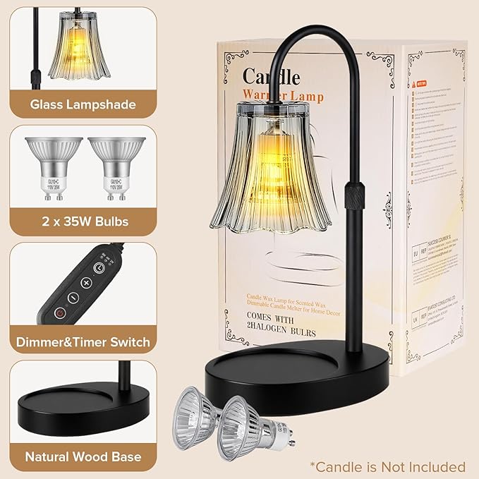 Candle Warmer Lamp with Timer, 4-Level Dimmable & Height Adjustable,Wax Melt Warmer for Jar Candles, Unique Design Enhances Home Ambiance (Grayish Black)