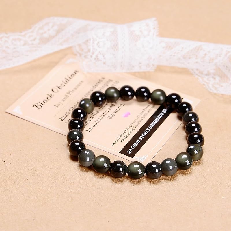 AD Beads Handmade Gemstone Stretch Elastic Bracelet Crystal Healing Reiki Nature's Beauty and Spiritual Essence Unisex (8mm, Black Obsidian (Pleasure))