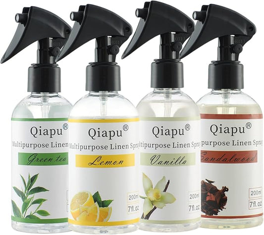 4-Pack Linen Spray Set – Vanilla, Sandalwood, Green Tea & Lemon Room Spray for Pillows, Sheets & Home Fragrance with Natural Essential Oils