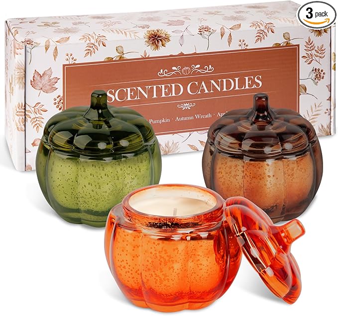 Lanpn Fall Scented Candles Gift Set 3 Pack, 16.5oz Pumpkin Glass Jar Candle, Thanksgiving Aromatherapy Soy Wax Candles for Woman Man, Autumn Fragrance Table Farmhouse Decoration, Tabletop Centerpiece