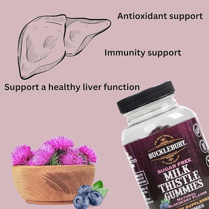 Bucklebury Sugar-Free Milk Thistle Gummies 1000mg with Natural Blueberry Flavor - Vegan, Gluten-Free, Non-GMO Natural Milk Thistle Supplement for Liver Health, Immunity & Antioxidant Support -60 Count
