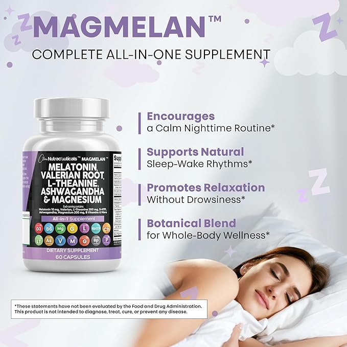 Clean Nutraceuticals Melatonin 10mg Valerian Root L Theanine 200mg Ashwagandha - Sleep Support for Women & Men with Magnesium Complex, Lemon Balm, Chamomile, & Passion Flower - 60 Caps