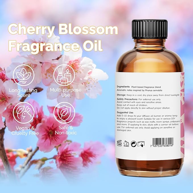 Cherry Blossom Fragrance Oil 2 Oz, Natural Scent Oil for Home Essential Oils Diffuser, Candle Making, Soap Making, DIY Body Oils, Perfume, Body Mist, Spray - Hotel Scent