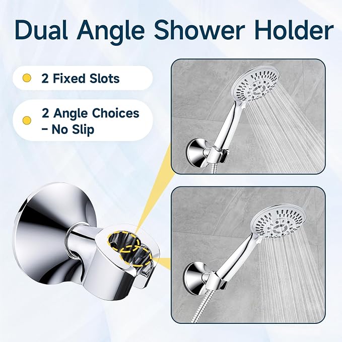 BRIGHT SHOWERS Strong Adhesive Shower Head Holder with Dual Angle Adjustable, Wall Mounted Handheld Shower Bracket, Easy Installation, Screw Mounting Options, Chrome