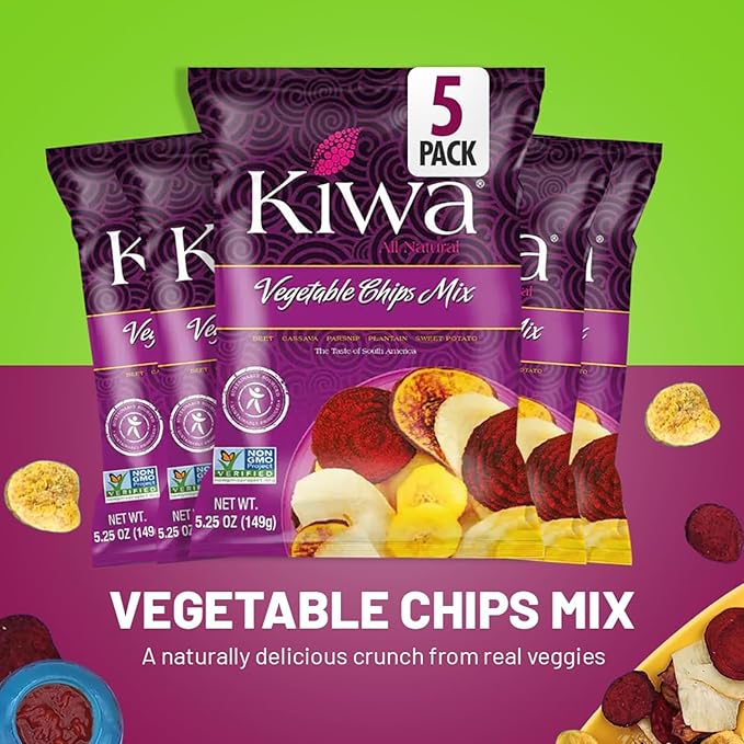 Kiwa Healthy Veggie Chips - Vegetable Snacks for Kids & Adults - Exotic Chips with Plantain, Beet, Parsnip, Cassava, Sweet Potato - Gluten-Free & Non-GMO (5 Individual Snacks Pack)