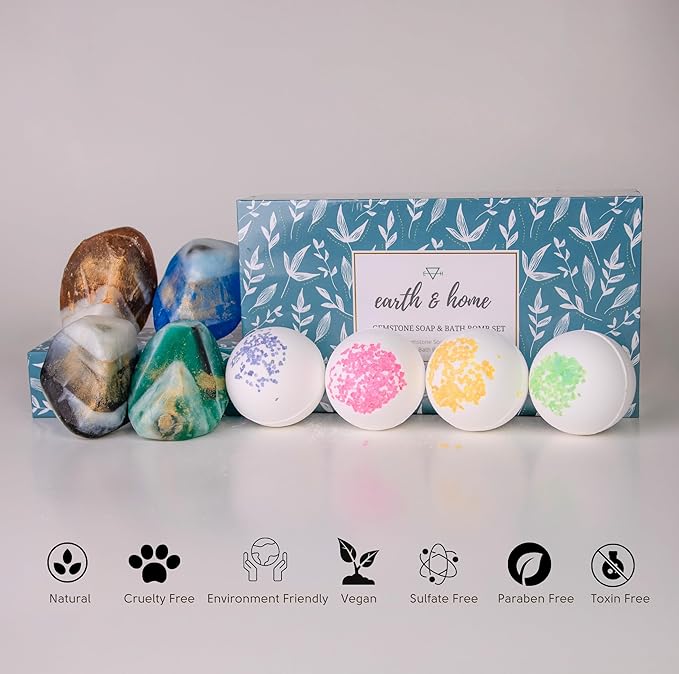 Gemstone Soap & Bath Bomb Set- Relaxing Spa Gift for women- Mothers day gift set- 4 Decorative scented Rock Soap with Crystals and 4 Fizzy Bath Bomb- with Natural Ingredients & Essential Oil