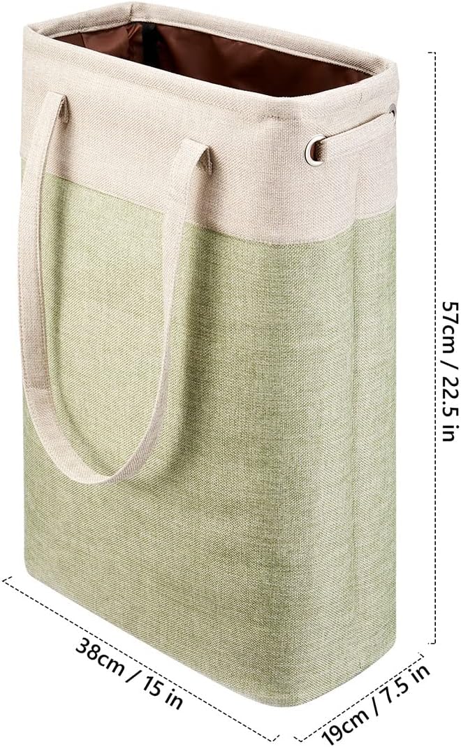 i BKGOO Laundry Basket with Handles Beige&Green Slim Laundry Bin Collapsible Dirty Clothes Basket Narrow Laundry Bag Foldable Dirty Hamper for Camping, Dorms, Apartments