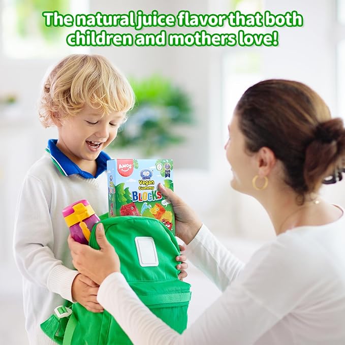 AMOS 4D Vegan Gummy Blocks Candy – Assorted Fruit Flavors, Made with Real Juice, Fun-to-Build Edible Blocks, Fat-Free, 8.47oz (240g)