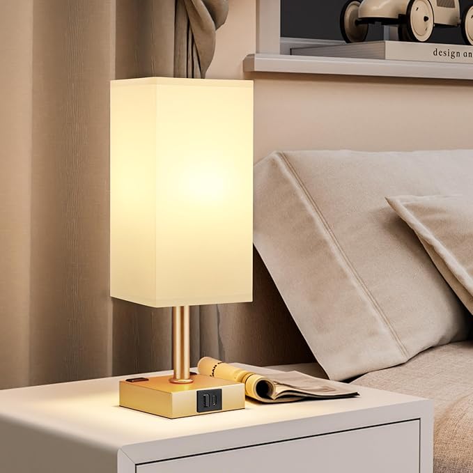 Gold White Touch Table Lamp - Bedside Lamp with USB A + Type C Charging Ports and Two AC Outlets, Small Night Stand with E26 LED Bulb, Desk Light for Bedroom Living Room Office Dorm