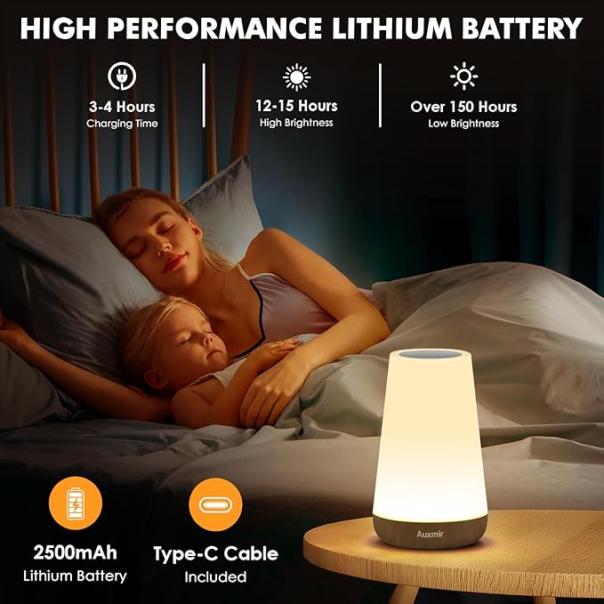 Auxmir Night Light, Dimmable Touch Lamp for Bedroom, 13 RGB Colors & 5 Brightness, Portable Rechargeable Bedside Table Lamp for Baby Nursery, Night Lights for Bedroom Living Room Bathroom Hallways