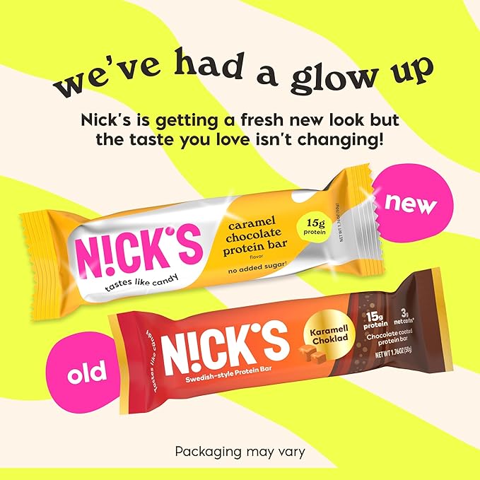 Nick's Protein Bars Chocolate Caramel | 15g protein | 190 calories | Low Carb Keto Friendly Snacks No Added Sugar (Multipack 24 bars x 50g)