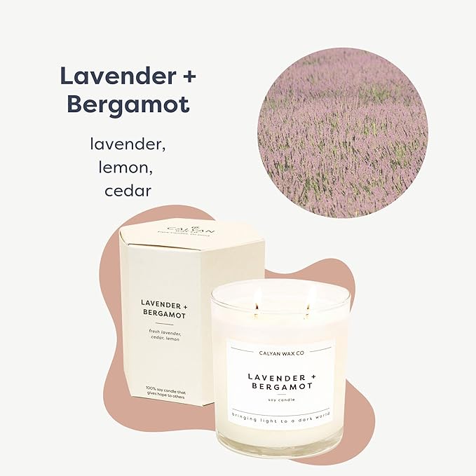 Calyan Wax Co. 2 Wick Candle, Lavender + Bergamot Scented Candle, 37 Hour Burn Time, Aromatherapy Soy Candles, Non Toxic & Vegan Soy Wax, Glass Tumbler Scented Candles, 8.8oz
