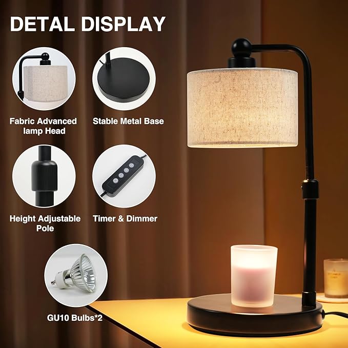 Candle Warmer Lamp with Timer,Dimmable Candle Wax Warmer, Height Adjustable Electric Candle Lamp Warmer with 2 Bulbs, Birthday Gifts for Women Mom House Warming,Vintage Home Decor for Bedroom