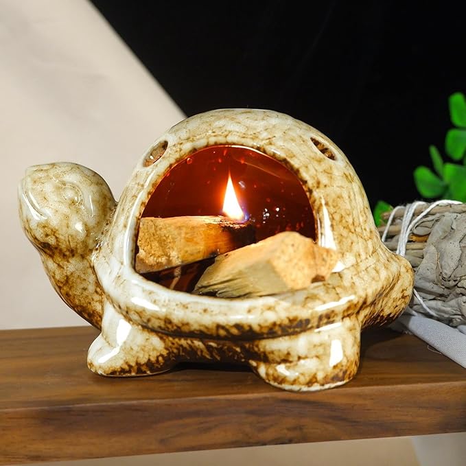 Handcrafted Brown Ceramic Turtle Mini Chiminea Palo Santo Burner Holder ，for Burning Sage、Cone Incense、Copal&Small Candle，Thoughtful Gifts for Meditation, Yoga, Aromatherapy Altar、Zen Spaces