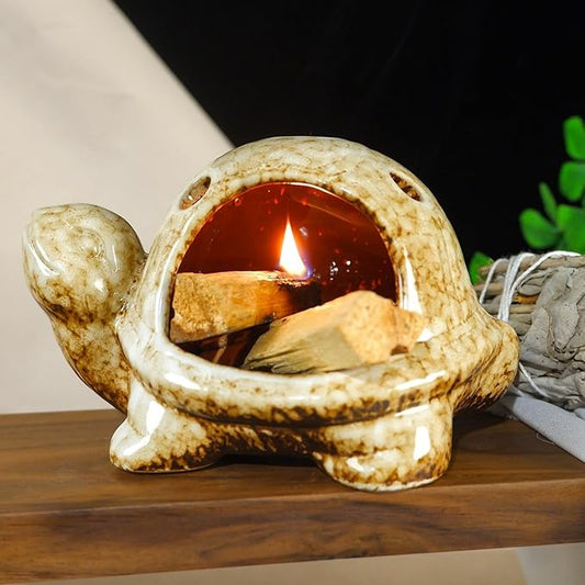 Handcrafted Brown Ceramic Turtle Mini Chiminea Palo Santo Burner Holder ，for Burning Sage、Cone Incense、Copal&Small Candle，Thoughtful Gifts for Meditation, Yoga, Aromatherapy Altar、Zen Spaces