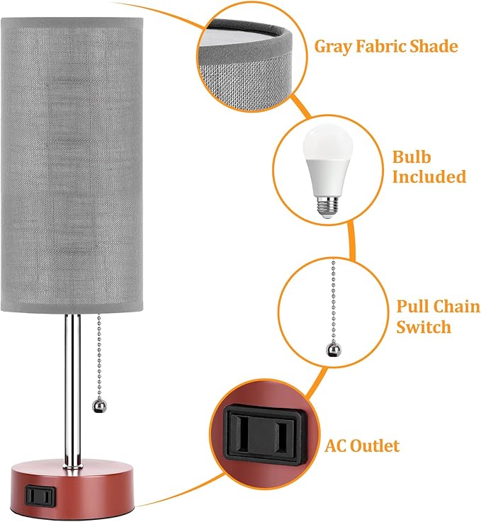 Dott Arts Table Lamp for Bedroom, 3-Color Bedside Lamps with Pull Chain, Bedroom Table Lamps for Nightstand,AC Outlet Small Lamp for Living Room, Bulb Included Grey Striped