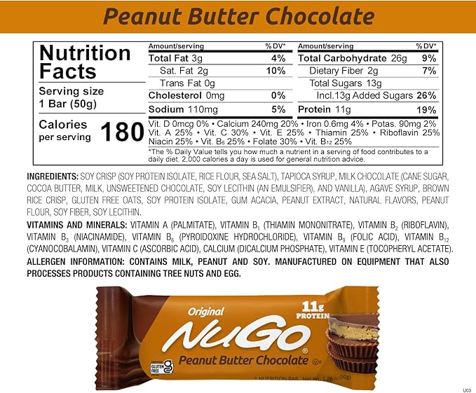 NuGo Protein Bar, Peanut Butter, 11g Protein, Gluten Free, 15 Count