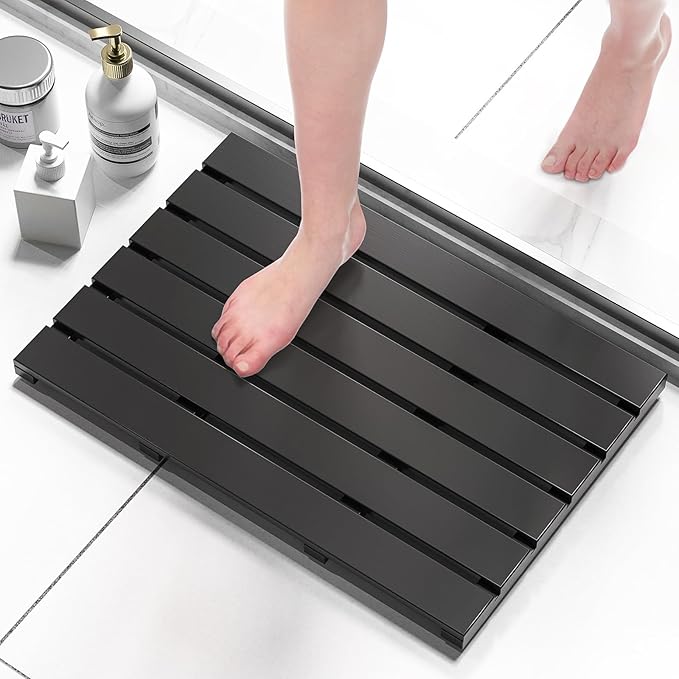 Domax Wooden Bamboo Bath Shower Mat- Non-Slip Waterproof Large Bathroom Floor Mat for Indoor Outdoor (Black, 21.26 x 14.17 x 1.3 Inches)