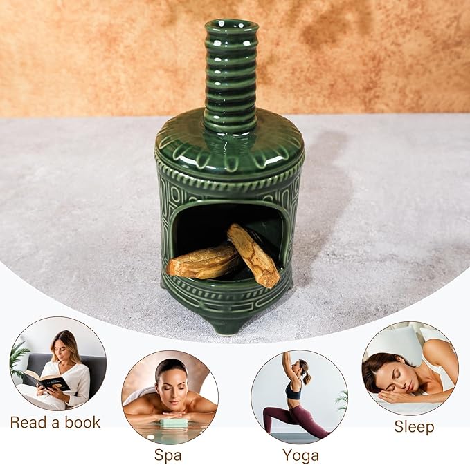 Handmade Ceramic Palo Santo Holder & Mini Chiminea Incense Dish-Perfect for Palo Santo Sticks, Altar，Sage, and Cone Burning-Zen Decor for Energy Cleansing, Yoga, Meditation & Aromatherapy