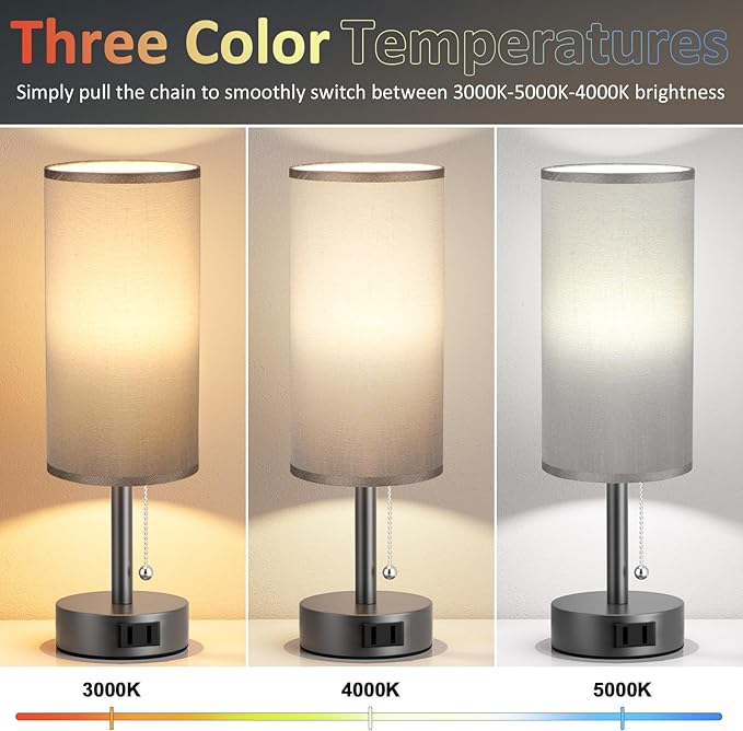 Fenmzee Dark Grey Bedside Table Lamps Set of 2-3 Color Temperatures Pull Chain Lamp with AC Outlet Charging Port, Small Round Night Stand Lamps for Bedroom, Bed Side Light with E26 LED Bulbs