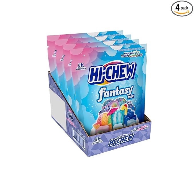 HI-CHEW Fantasy Mix, Rainbow Sherbet Blue Hawaii Blue Raspberry, 220+ Pieces, 4 Stand Up Pouches, 12.7oz ea - Unique Fun Soft Chewy Candy - Immensely Juicy Flavors - Individually Wrapped Halloween Sharing Candy