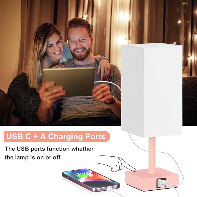 Ambimall Touch Control Table Lamp with USB A+C Charging Ports - 3 Way Touch Lamps Bedside, Nightstand Lamp for Bedrooms, LED Bulb Included(White Shade & Pink Base)