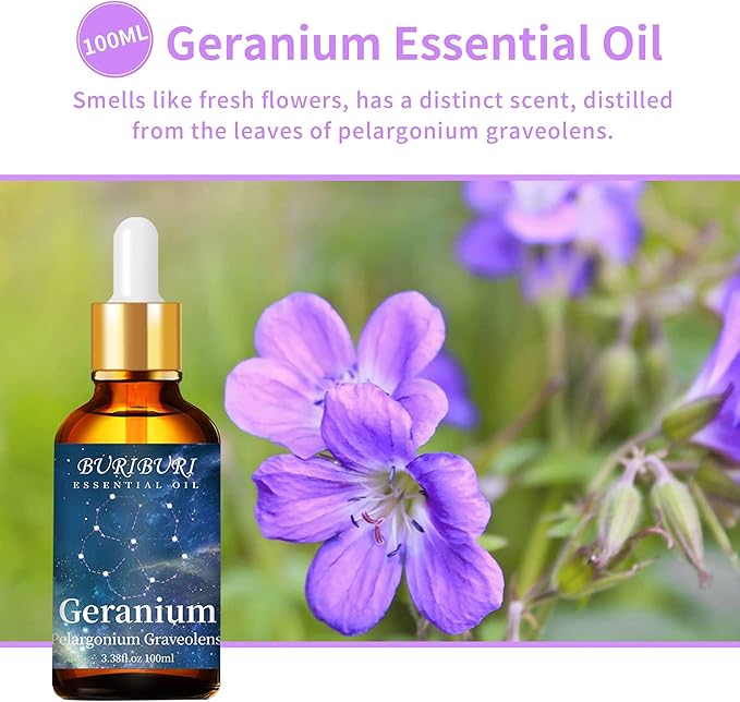 BURIBURI 100ML Geranium Essential Oil, 100% Pure Undiluted Aromatherapy Geranium Oil 3.38fl.oz for Soap, Candle Making, Massage, Diffuser, Humidifier