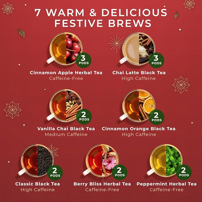 Gya Tea Co Christmas Tea Pod Collection Gift Set (16 Count) - Different Flavors Assorted Variety Pack