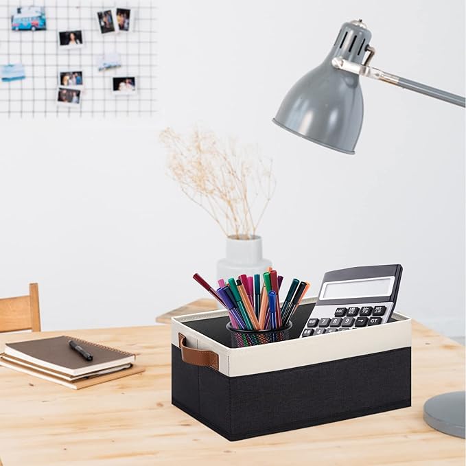 GhvyenntteS Storage Baskets for Organizing, Fabric Storage Bins with Leather H&les, Foldable Rectangular Storage Baskets for Shelves, Closets, Home, Office(Black/White, 6 Pack)11.8X7.9X5.1 in