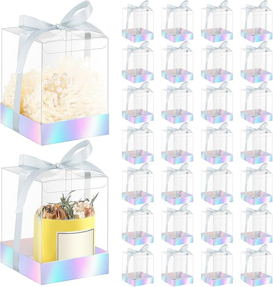 Cunno 36 Set 3.5 x 3.5 x 4.3 in Candle Package Transparent Gift Box 4-18 oz Handmade Tealight Candle Holder Bulk Paper Bottom Ribbon for Wedding Baby Shower Party Mug Cake Wine Glasses(Silver)