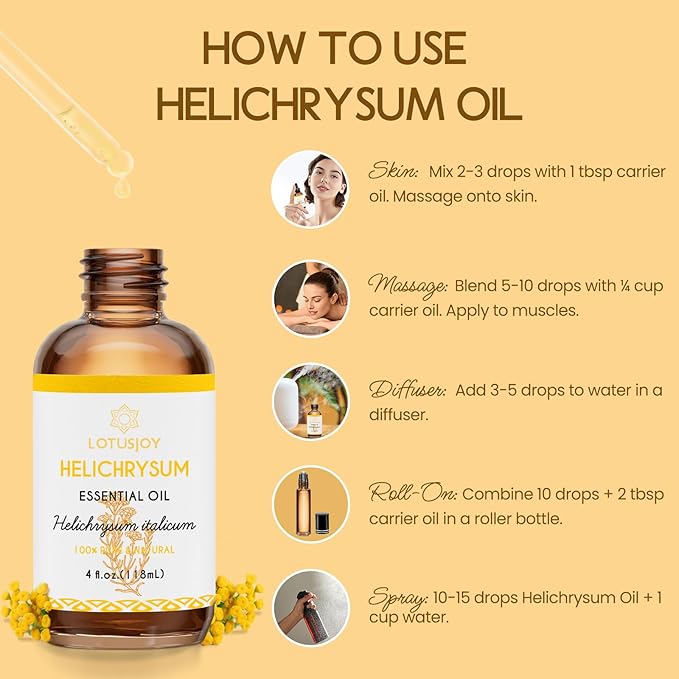 Helichrysum Essential Oil, 100% Pure Helichrysum Italicum Oil for Bruising Skin Roll On Diffuser Room Spray - 4 Oz