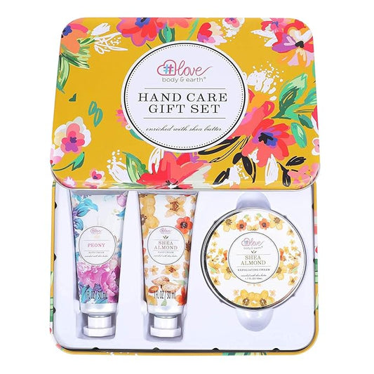 BODY & EARTH # LOVE Hand Cream Gift Set, Hand Lotion Sets for Mothers Day Gifts, Hand Care Set with Shea Butter, Travel Size Lotion Set for Women, 2 Hand Cream & Exfoliating Cream, Birthday Gifts Box