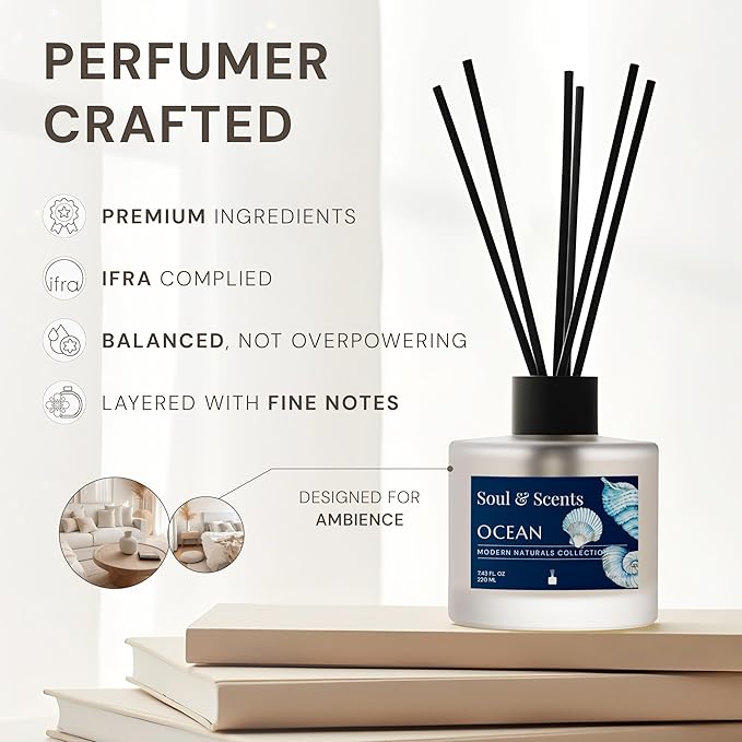 Soul & Scents Reed Diffuser Set – Ocean | 7.43 oz Refillable Scented Oil with 6 Fiber Sticks | Long-Lasting Home Fragrance & Air Freshener for Bedroom, Bathroom, Office | Gift & Décor Piece
