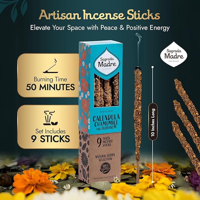 Sagrada Madre Chamomile Incense Sticks - 9 Extra Long Rods for Abundance, Peace, Love & Protection - Infused with Natural Calendula, Frankincense & Essential Oils - 50-Minute Burn Time for Meditation