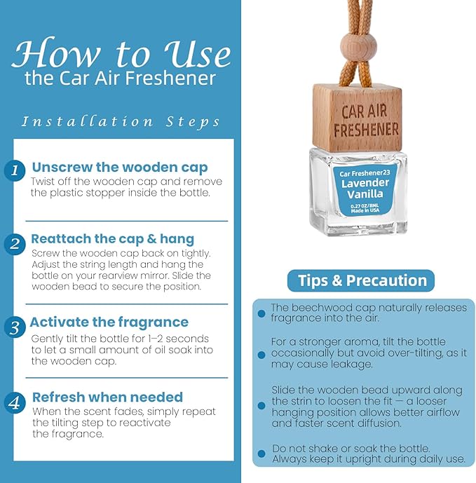 Car Air Freshener Hanging Diffuser – Long-Lasting Essential Oil Scent (Up to 60 Days) – Non-Toxic & Eco-Friendly – 2-Pack Auto Fresheners Made in USA