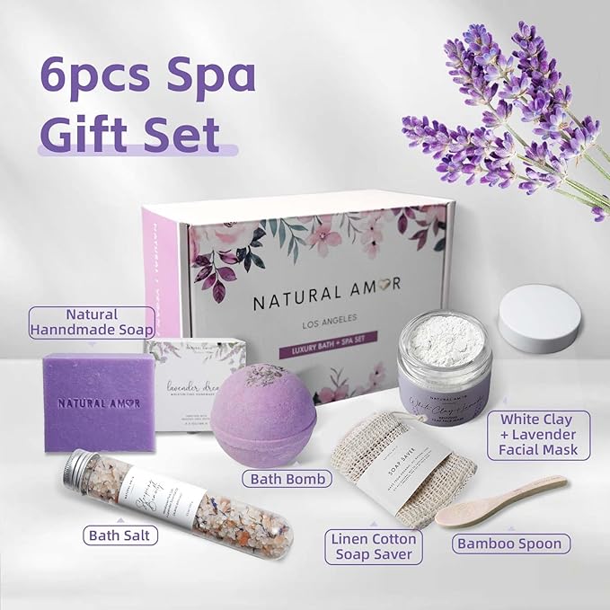 Natural Amor Lavender Spa Gifts for Women, 5pcs Handmade Spa Gift Box for Women, Soap, Clay Mask, Bath Salt, Birthday Gift for Women, Self Care Gift